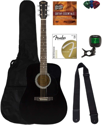 Fender Squier Dreadnought Acoustic Guitar - Black Bundle with Gig Bag, Tuner, Strap, Strings, Picks, Fender Play Online Lessons, and Austin Bazaar Instructional DVD - Squier Black Bundle w/ Fender Play