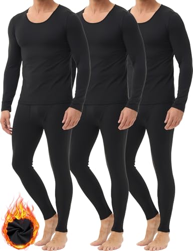 Winvote 3 Pack Thermal Underwear for Men Long Johns Fleece Lined Soft and Warm Set Base Layer for Cold Weather - 3 Pack：black-black-black - Small