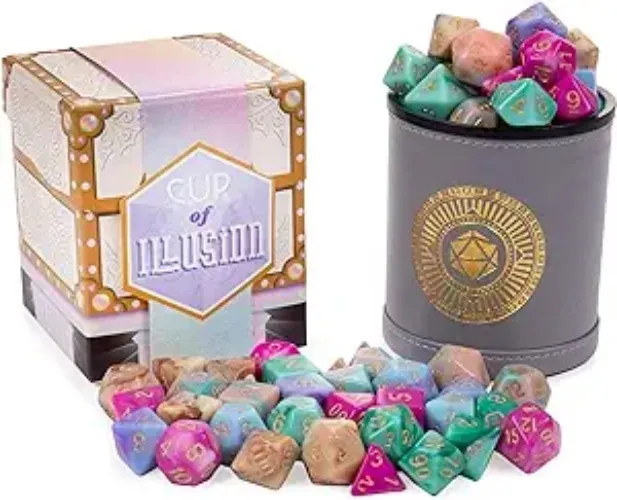 Wiz Dice Cup of Illusion - 35 Polyhedral DND Dice & Dice Shaker Cup & Box for Storage (5 Set of 7 Unique Colors)