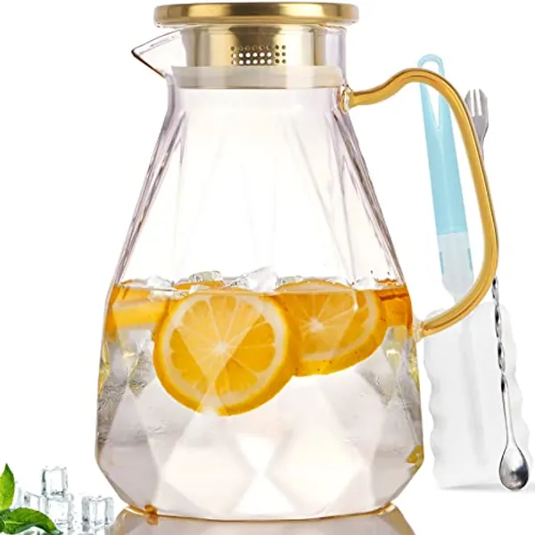 Yirilan Glass Pitcher,74oz/2.2 Liter Water Pitcher with Lid,Beverage Serveware,Iced Tea Pitcher,Water Carafe Handle,Heat Resistant Borosilicate Jug（with Mixing Spoon and Cup Brush）