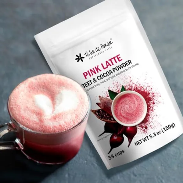 PINK LATTE TEA BEETROOT & COCOA / TE HE DE AMAR. NET WT 5.3 oz (150g) - 38 cups. 100% natural, pure, powdered, does not contain dairy bases, does not contain sugar. Vegan, gluten free, keto, non gmo, no caffeine.