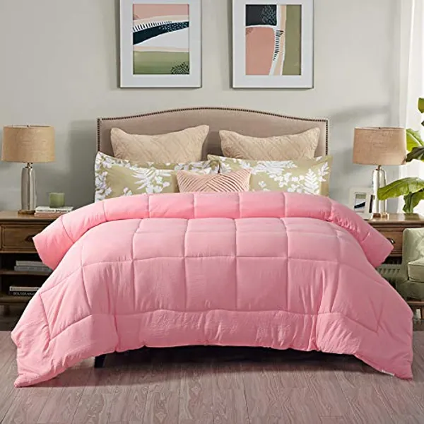 EVOLIVE All Season Pre Washed Soft Microfiber White Goose Down Alternative Comforter with Box Stitching (Pink, Twin)