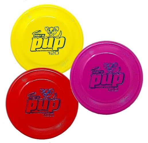 Hero Disc USA Hero Pup 120 Mini Dog Frisbee, Outdoor Dog Toy and Mini Frisbee, Small Dog Flying Disc Pack of 3 (Colors Will Vary)