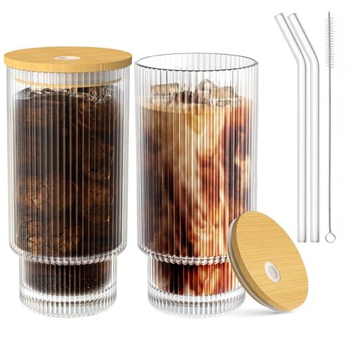 WXCWYQR Glass Cups with Lid and Straw 2 Set, 16OZ Drinking Glasses for Whiskey Cocktail Beer, Ribbed Glassware Set for Gift (2 SET) - 2 Glasses + 2 Straws + 2 Lids