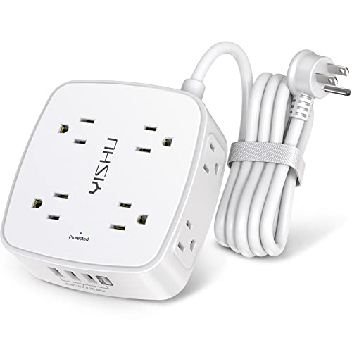 6 Ft Surge Protector Power Strip - 8 Widely Outlets with 4 USB Ports, 3 Side Outlet Extender with 6 Feet Extension Cord, Flat Plug, Wall Mount, Desk USB Charging Station, ETL,White - 6 Ft