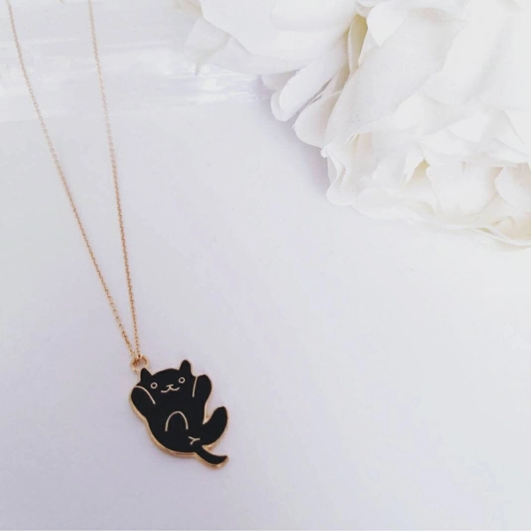 Cute Hanging Cat Pendant Necklace | 18k Gold Plated Chain | Enamel Pendant | Cat Lover | Black Kitty | Kawaii Jewellery | Gift For Her