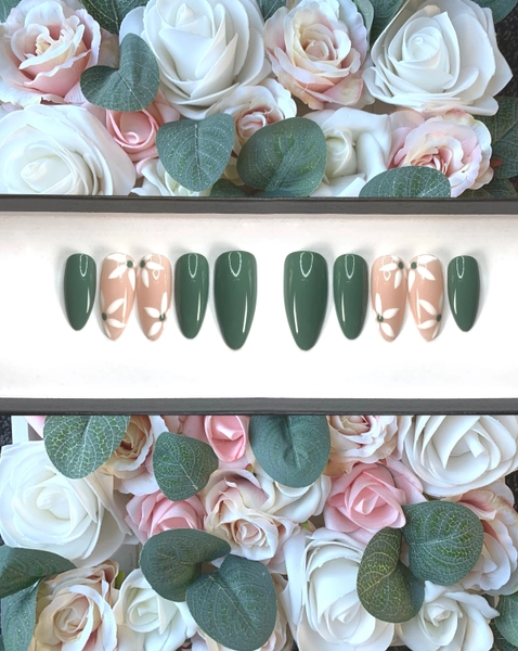Press On Nails Wild Green and White Petals | Stick on Nails | Sage Green Nails | Hand Painted Floral Nails | Summer Spring Nails