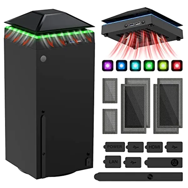 Cooling Fan Dust Proof for Xbox Series X Console with Colorful Light Strip,MENEEA Dust Cover Filter,Rubber Plugs,Low Noise Top Fan with 3 Gears,Cooler&Light Independent Touch Switch, 2 USB Port