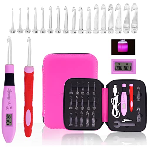17 Sizes Counting Crochet Hook Set Digital 2.50~14.0mm,2 Levels Brightness Dimmable Light Up Crochet Hooks for Stitch & Row Counter,Beginner Knitting Kit with 17Interchangeable Crochet Hooks - 17size plastic hook