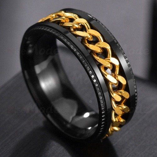 Mens Stainless Steel Rotatable Chain Style Black Ring - Gold / 9