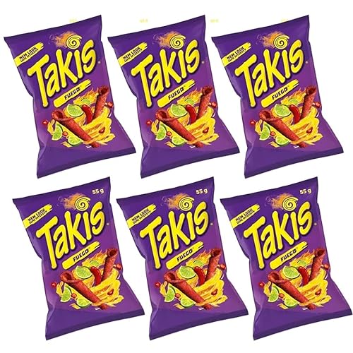Takis Fuego 55g (PACK OF 6) - Takis Fuego Chilli Pepper and Lime Corn Chips - UK product - Multipack]