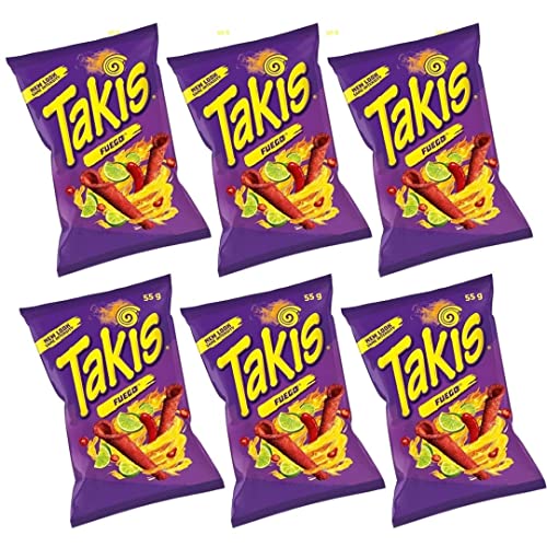 Takis Fuego 55g (PACK OF 6) - Takis Fuego Chilli Pepper and Lime Corn Chips - UK product - Multipack] - Chilli Lemon - 1 Count (Pack of 6)