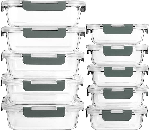 [10-Pack]Glass Meal Prep Containers -MCIRCO Food Storage Containers with Lifetime Lasting Snap Locking Lids, Airtight Lunch Containers, Microwave, Oven, Freezer and Dishwasher - Gray