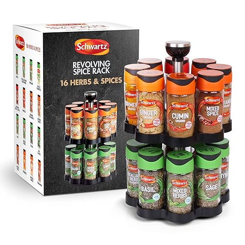 Schwartz Rotating Spice Rack with Spices Included, Spice Rack for Inside Cupboard, 2-Tier Spice Rack, Includes Schwartz 16 Herbs and Spices Jars, Engraved Logo on Handle - Engraved