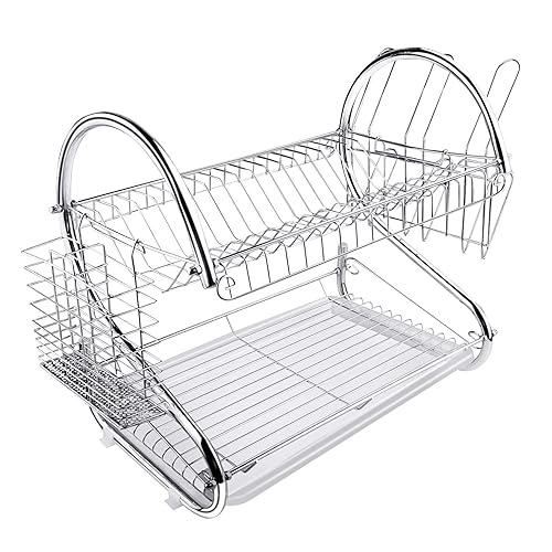 ARyee Two Tier Dish Drainer Rack Silver, Bowls Dishes Plates Cup Holder with Drip Tray