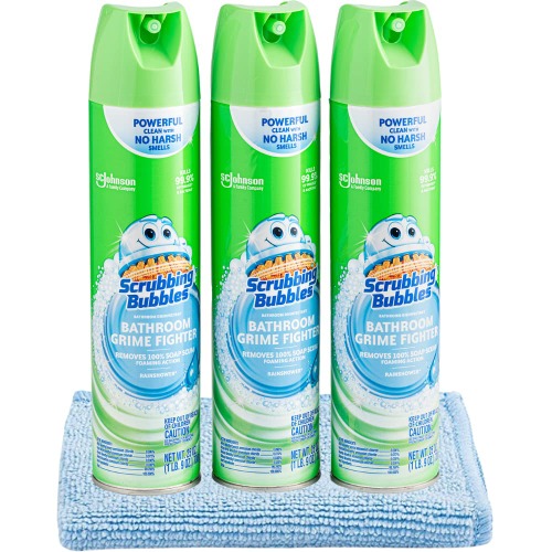 3 Scrubbing Bubbles Bathroom Grime Fighter, Rain shower, 25 ounces (Pack of 3) BONUS Microfiber Cleaning Cloth