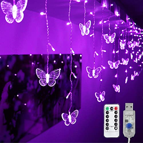 Butterfly Curtain Fairy Light, 8 Modes 120 LED USB Window Firefly Twinkle Timer String Lights 24 Butterflies with Remote, Waterproof Copper Wire for Room Bedroom Christmas Wedding Party Dorm Patio - 14.7ft x 1.9ft - Purple