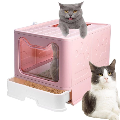 Meikuler Cat Litter Box Large Litter Pan for Cats Foldable Litter Boxes Comes with Cat Litter Scoop (Pink)