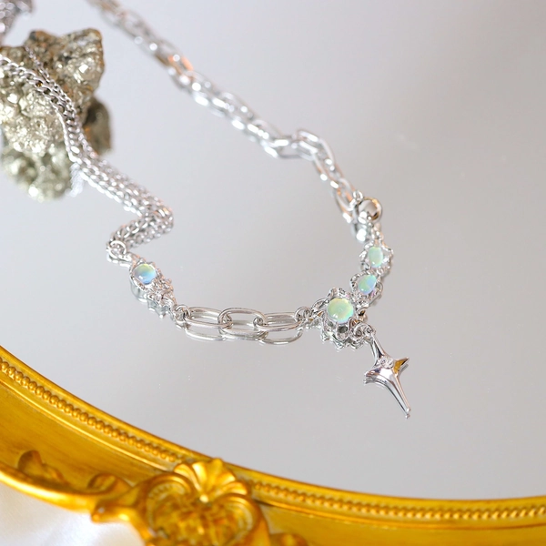 Star Moonstone Necklace, Y2K Chain Necklace, Grunge Necklace, Streetwear Gothic Necklace, Cyberpunk Jewelry, Cool Girl Jewelry, Punk Jewelry