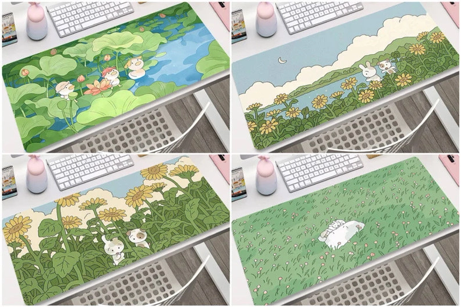 Flower Plant Sky Kawaii Cartoon Animal Green Mouse Pad Cute Computer Keyboard Desk Mat Large Gamer Mousepad Gaming Laptop Office Accessories