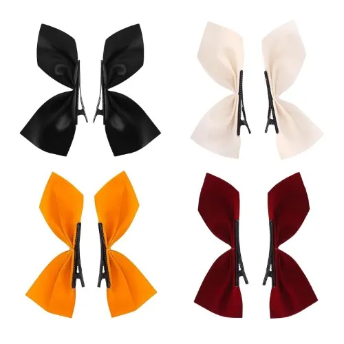 4 Pairs Velvet Hair Bows for Women | Side Bow Clips | Cute Kawaii Hair Accessories | Korean Style Bows - Daily & Special Occasions | 8 pcs | Red, Yellow, White & Black | Girls & Women