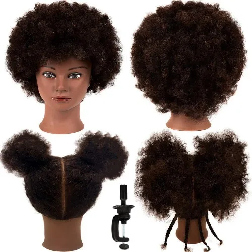 Morris Mannequin Head 100% Human Hair Training Head Kinky Curly Hair Hairdresser Manikin Head Cosmetology Doll Head for Hairdresser Practice Styling Braiding with Clamp Stand (SY)