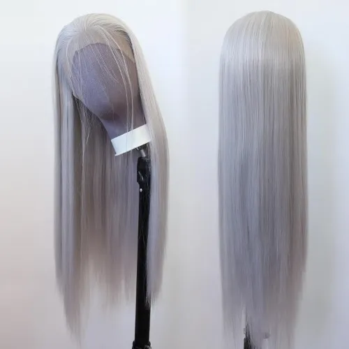 zigzag hair Silver Wig Long Straight Silver Grey Synthetic Lace Front Wigs Pre Plucked with Natural Hariline for Fashion Women Heat Resistant Hair Glueless Silver Synthetic Lace Wig (Sliver)