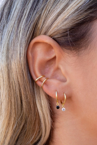 Dainty, Minimalist Dangling CZ Huggie Hoop Earrings - Two stone colors available: Black & White