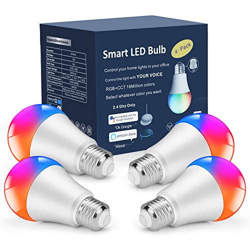 Smart Light Bulbs That Work with Alexa and Google Asst, Multicolor LED Bulbs 7W(60W Eqv.) A19 7W 4PACK