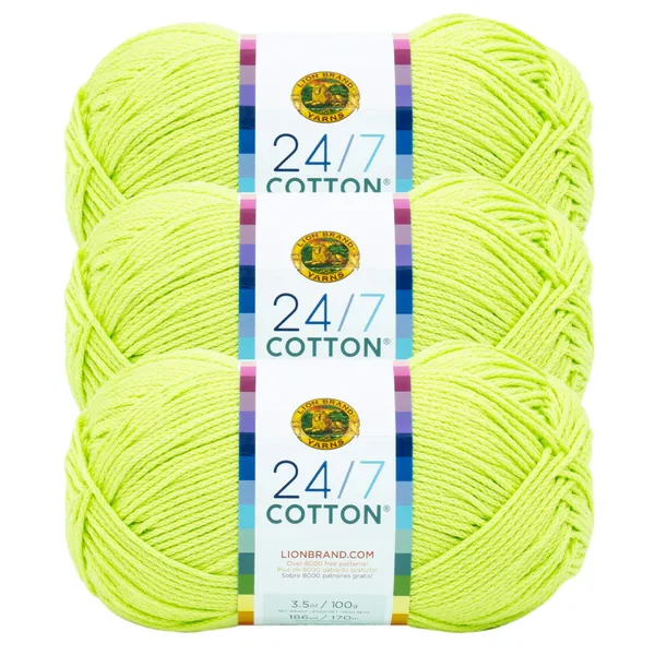 Lion Brand 24/7 Cotton Yarn, Yarn for Knitting, Crocheting, and Crafts, Lime, 3 Pack