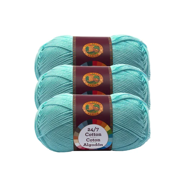 Lion Brand 24/7 Cotton Yarn, Yarn for Knitting, Crocheting, and Crafts, Aqua, 3 Pack