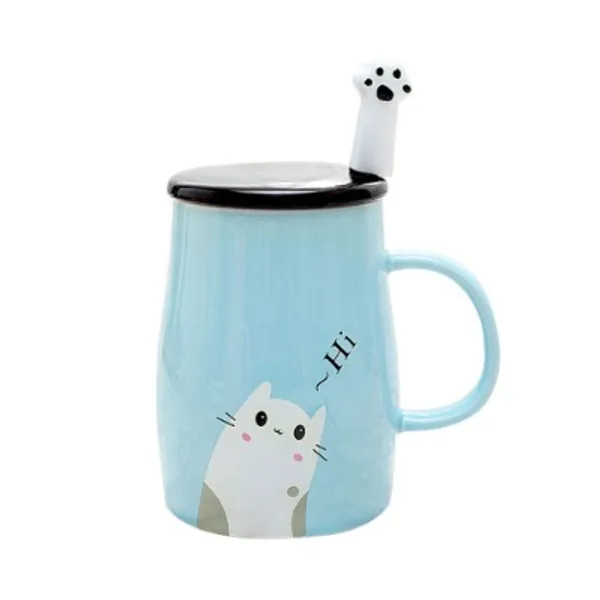 Binoster Niedliche Katzen-Tasse Keramische Kaffeetasse mit Kitty Edelstahllöffel, Hi ~ Neuheit-Kaffeetasse Geschenk für Katzenliebhaber Rosa (Blau)