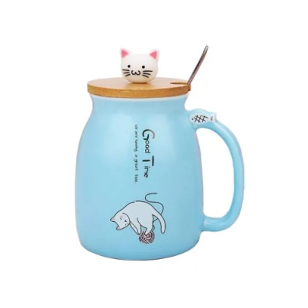 Katzen-Tasse Süße Keramik Kaffeetasse mit Deckel,Edelstahl Löffel, Neuheit Morgen Cup Tee Milch Weihnachten Becher Geschenk 380ML