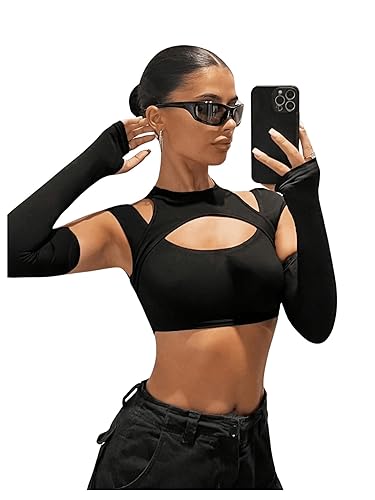 WDIRARA Women's Cut Out Cropped Tank Tops with Arm Sleeve Y2K Slim Fit Solid Cheeky Tank - Medium - Black