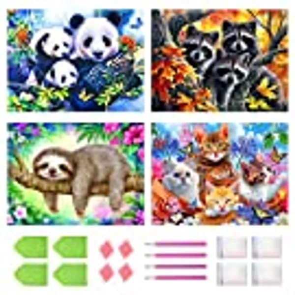 WHATWEARS 4 Pack 5D Diamond Painting Kit Animals DIY Diamond Art Painting Kits for Adults Full Drill Raccoon Sloth Cat Panda Paint with Diamonds Dots Art Craft Rhinestone Picture for Home Wall Decor