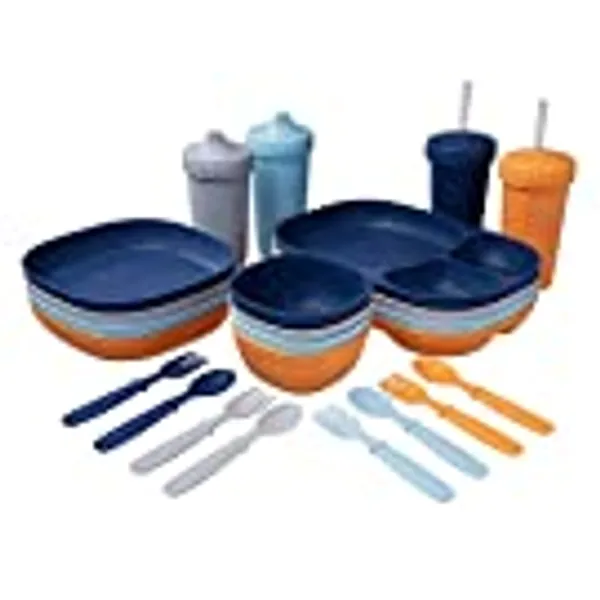 MightyMoe Kid’s Dinnerware Set - 28 Pieces, 4 Place Settings - Sunset Color Set - Tough Tableware for Toddlers - Made in the USA - Dishwasher and Microwave Safe - BPA Free and Shatter Resistant