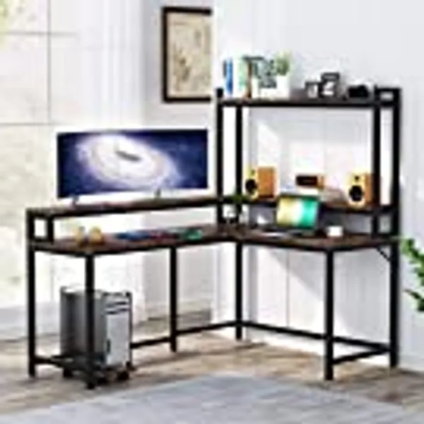 Tribesigns L Shaped Desk with Hutch and Monitor Stand, Corner Computer Desk Home Office Desk with Storage Shelf, Gaming Table Workstation,CPU Stand Included, (Rustic &Black)