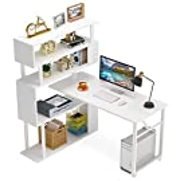 Tribesigns Rotating Computer Desk with 5 Shelves Bookshelf, Modern L-Shaped Corner Desk with Storage, Reversible Office Desk Study Table Writing Desk on Wheels for Home Office (White)