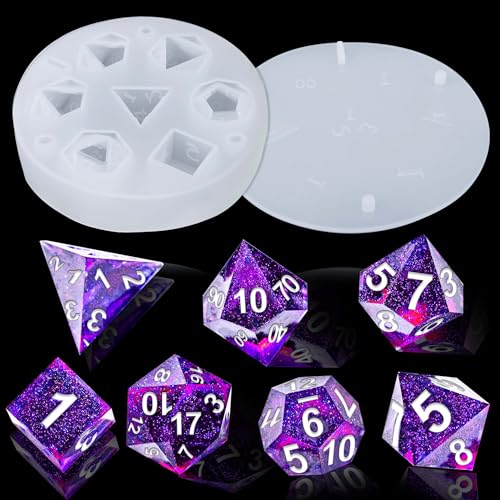 Juome Dice Resin Molds Silicone, DND Dice Silicone Molds for Epoxy Resin Casting with 7 Standard Stereoscopic Dice Cavities, Resin Mold for DIY Dices Making, Table Board Game Dice Lovers Gift