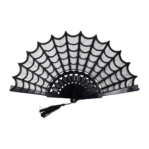 kreepsville 666 Spiderweb Lace Gothic Fabric Hand Fan with Tassel, One Size, Black