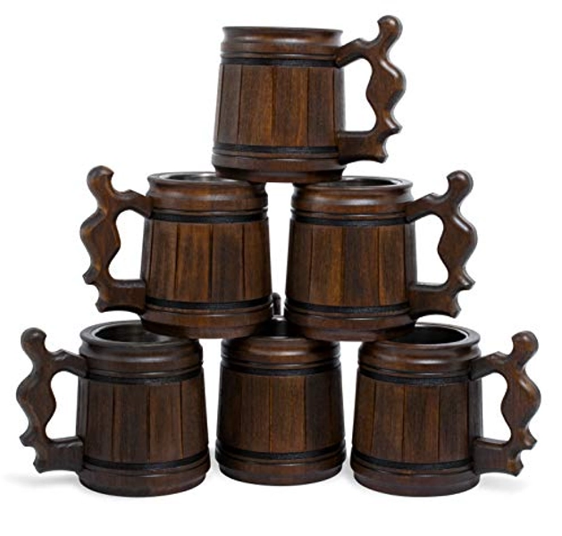 MyFancyCraft Handmade Beer - Wooden Mug - Stainless Steel - Cup Natural - Wooden Tankard 0.3L 10oz Classic Brown (Set of 6 Mugs)