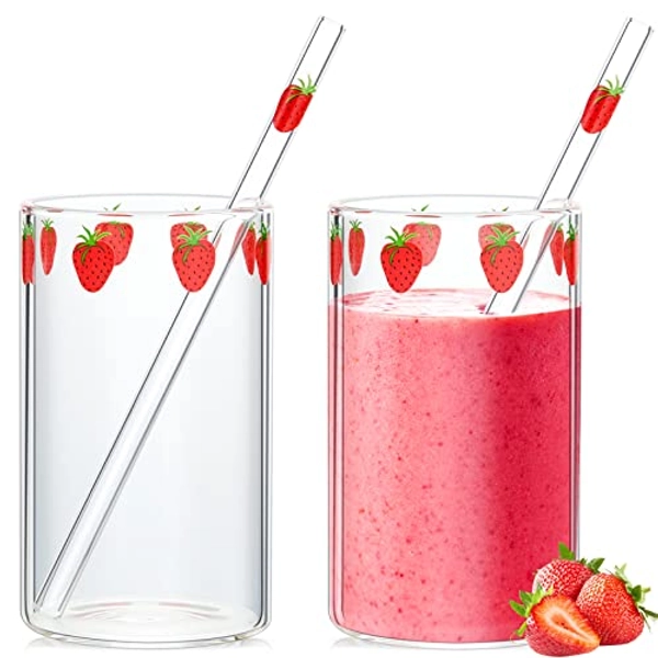 2 Sets Strawberry Cups Glass Cup with Straw Lovely Tumbler Clear Cute Pattern Glasses Bottle for Juice Water Milk Coffee Tea (Lovely)