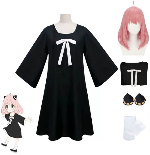 Wrectss Spy X Family Anya Forger Anime Cosplay Anya Forger Costumes Outfit Set Cosplay Wig and Dress Cosplay Costume Party Girls and Ladies Halloween Uniform All black Set - L