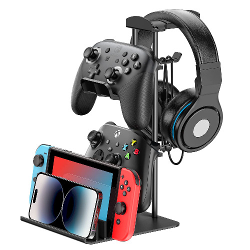 KDD Headphone Stand, Game Controller Holder & Headset Holder for Desk, Earphone Stand with Aluminum Supporting Bar, Universal Storage Organizer Headphones/Controller/Switch/iPad/Mobile Phone - Black-New