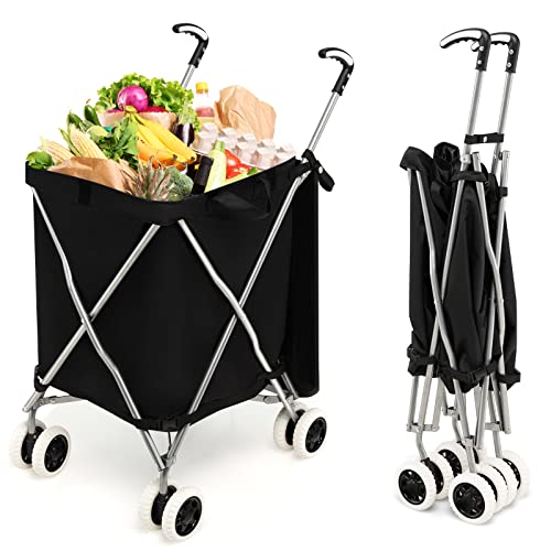 Goplus Folding Shopping Cart with Wheels, Grocery Cart with Removable Oxford Cloth Liner, Lightweight Utility Cart for Groceries Laundry Black - Black