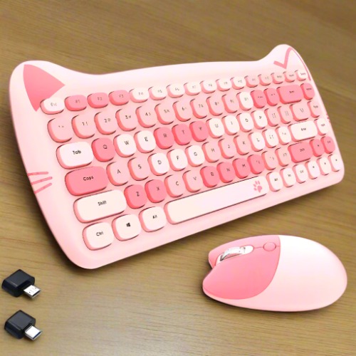 Cat Theme Wireless Keyboard and Mouse Set - Pink