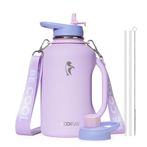 Half Gallon Water Bottle with Straw, Coolflask 64 oz Insulated Stainless Steel Water Jug With Handle Metal Double-Walled Vacuum Large Flask With Strap Leakproof, Keep Cold 48 Hrs Hot 24hrs, Lavender - 64 Ounces - Lavender