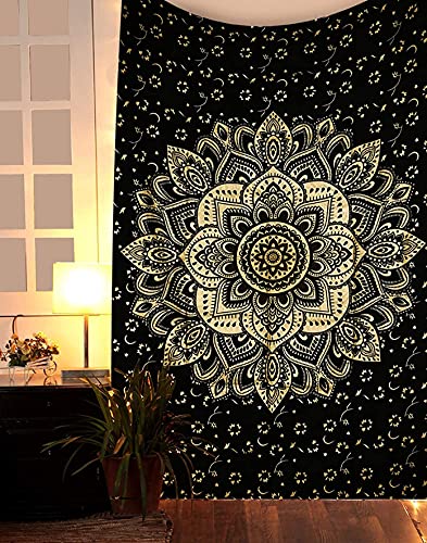 raajsee Gold Mandala Tapestry Bedroom Aesthetic - Indie Wall Tapestry Hippie Room Decor - Boho Tapestrys -Trippy Small Tapestry Wall Hanging – Black Gold Wall Art 52x60 Inches - Black and Gold - Medium (52x60 Inches / 132x152 Cms)
