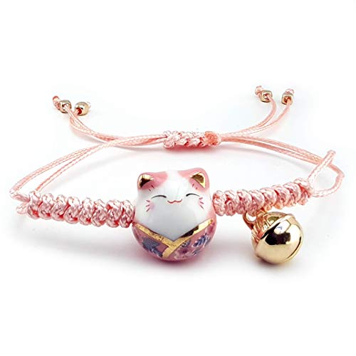Omky Lucky Cat Maneki Neko Bacelet Adjustable | 6 Colors | Ceramic Bead (Pink) - Pink