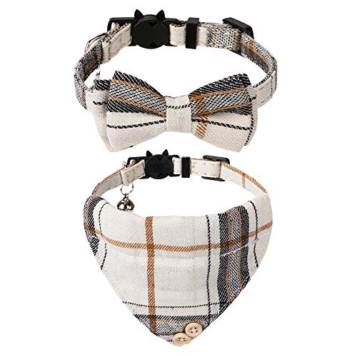 Faleela Breakaway Cat Collar with Bells - 2 Pack Cat Collar with Bells, Cat Collars with Bandana, Accessories for Pet Collars, Adjustable for Cats and Small Dogs - Beige bow+bandana